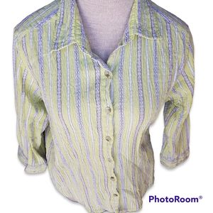 Columbia Seersucker 3/4 Sleeve Button Up Shirt Green Gray Stripe Medium